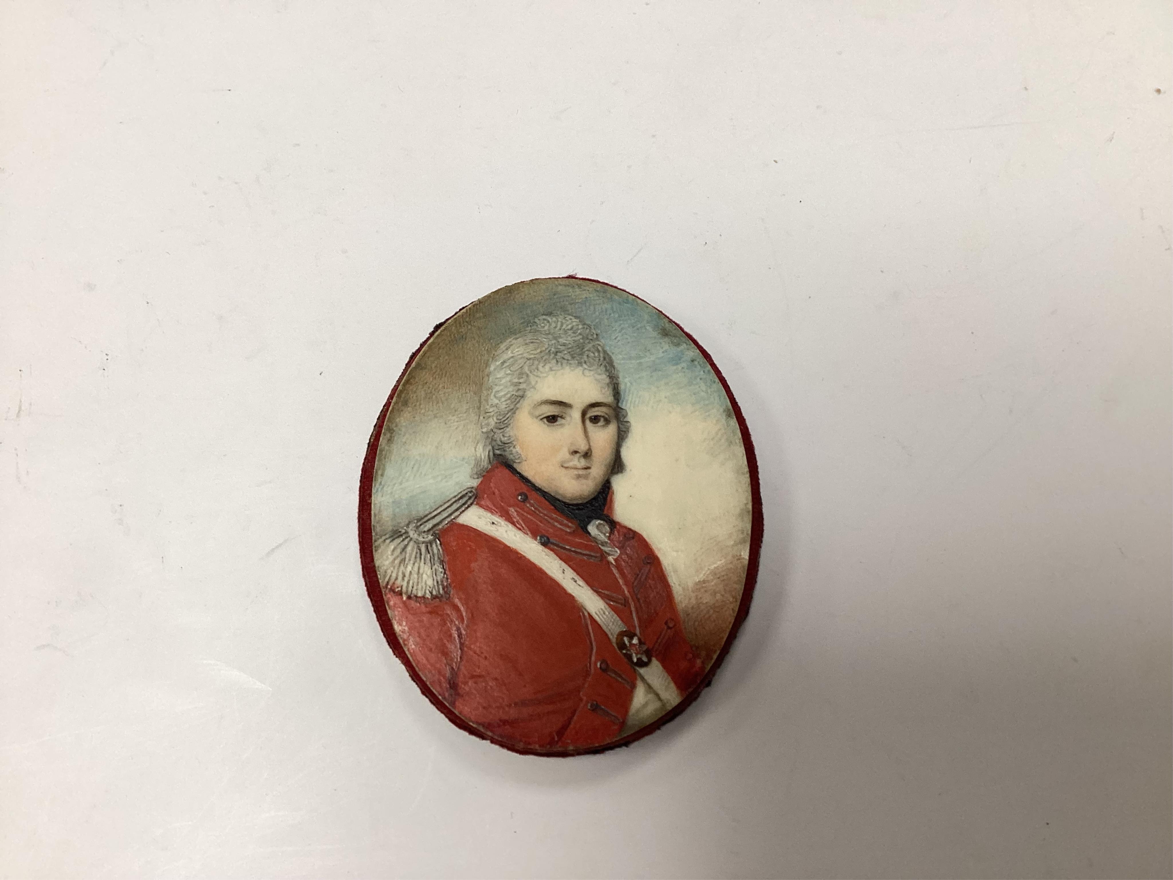 Manner of John Smart (1741-1811), early 19th century portrait miniature on ivory, Portrait of a gentleman wearing military uniform, unsigned, housed in a gilt locket mount, 6.5 x 5cm. Condition - fair CITES Submission re